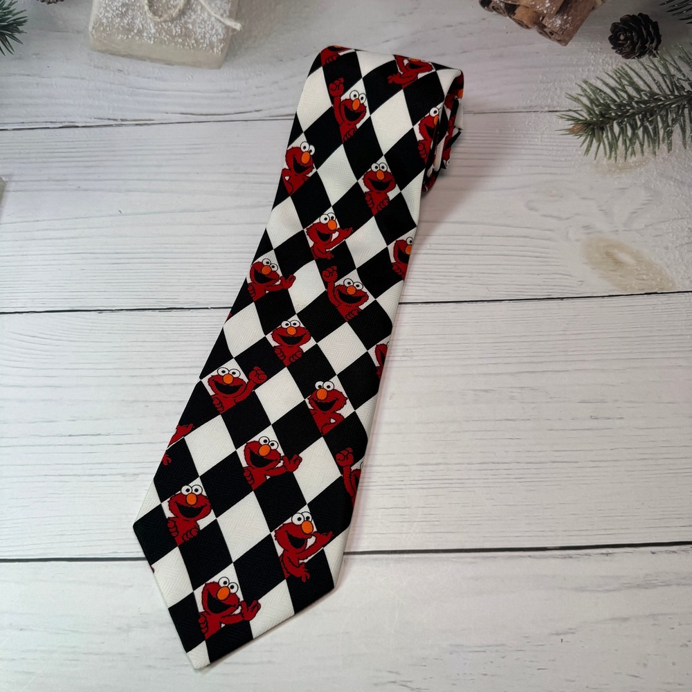 VTG Sesame Street Elmo Necktie Men Black White Checkered 90s Tie Novelty Retro